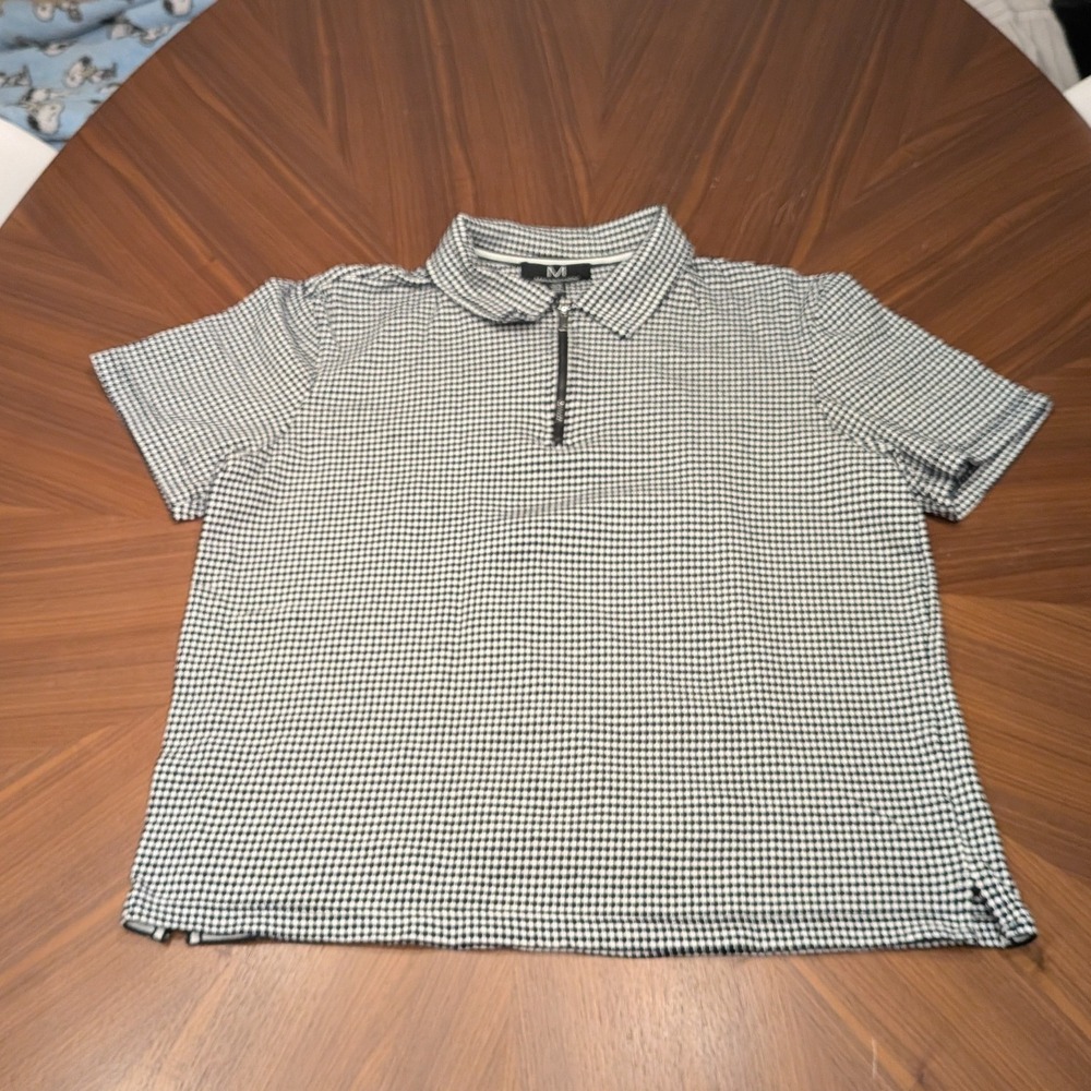 Magaschoni Polo Shirt Mens Medium Black White Excellent Quarter Zip Short Sleeve